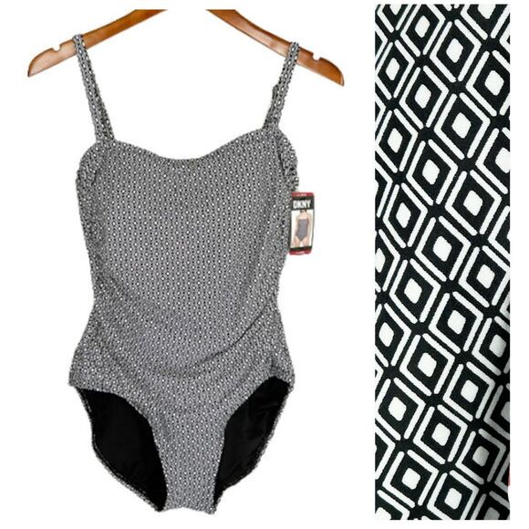 New DKNY One Piece Swimsuit Womens XL Black White Geometric Diamonds $118 NWT - Picture 1 of 14